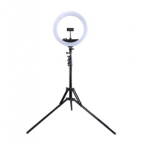 LED žiedinė lampada 34.5cm, su trikoju stovu iki 1.85m, veidrodžiu e telefono laikikliu, USB