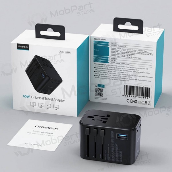 universale kelioninis caricatore Choetech PD5009 65W 2xUSB-C/USB-A nero