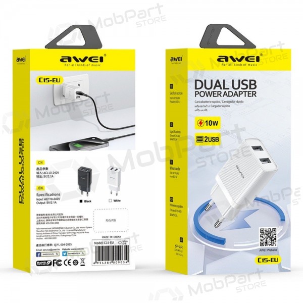 Caricatore Awei C15T-EU 2xUSB-A 10W + USB to USB-C cable bianca