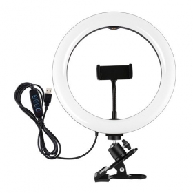 LED žiedinė lampada 26cm, su telefono laikikliu e spaustuku, USB