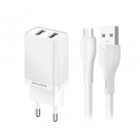 Caricatore Awei C15T-EU 2xUSB-A 10W + USB to USB-C cable bianca