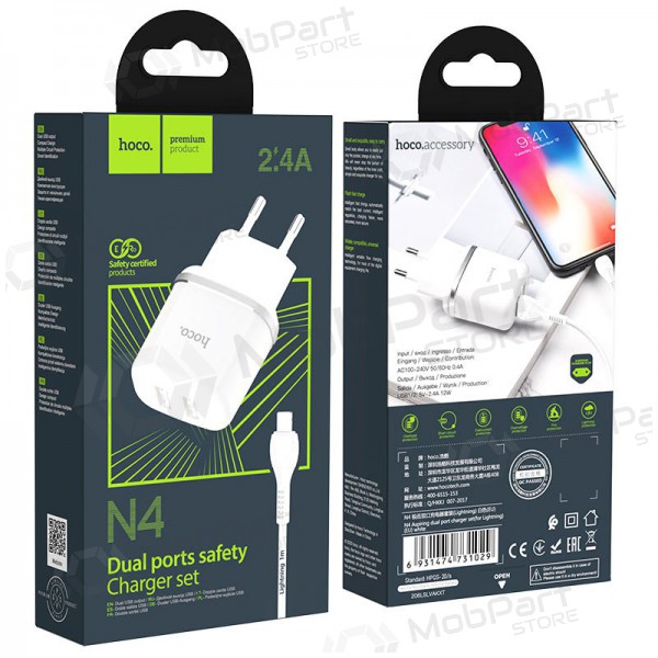 Caricatore Hoco N4 X 2 USB  jungtimis + Lightning (2.4A) (bianca)