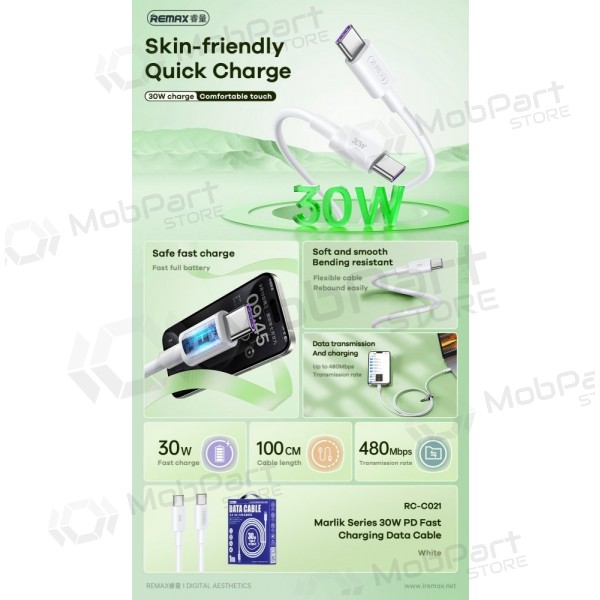 USB cavo Remax RC-C021 USB-C to USB-C 30W 2.0m bianca