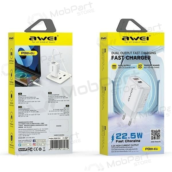 Caricatore Awei PD81-EU USB-A/USB-C bianca