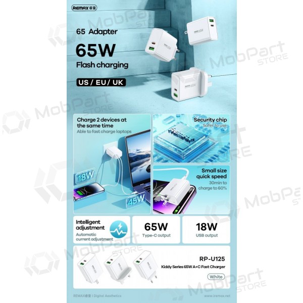 Caricatore Remax RP-U125 65W GaN USB-C/USB-A bianca
