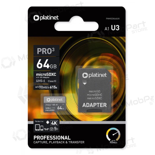 Scheda di memoria Platinet MicroSD 64GB (class10 UHS-III 90MB/S) + SD Adattatore
