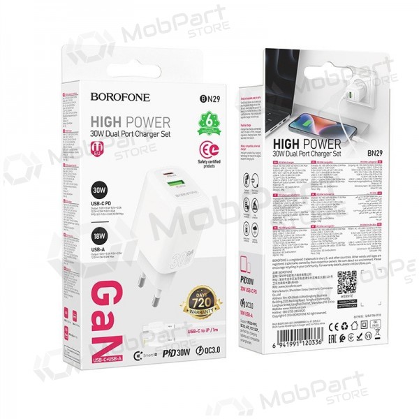 Caricatore Borofone BN29 30W USB-C/USB-A + USB-C to Lightning cable 1.0m bianca