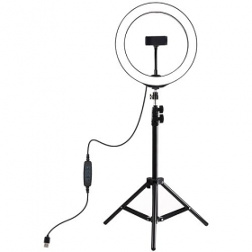 LED žiedinė lampada 26cm, su trikoju stovu iki 1.1m e telefono laikikliu, USB