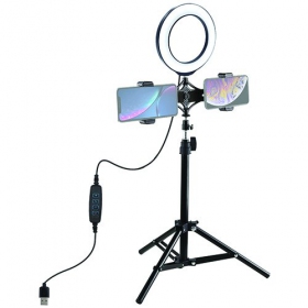 LED žiedinė lampada 16cm, su trikoju stovu iki 70cm e dvigubu telefono laikikliu, USB