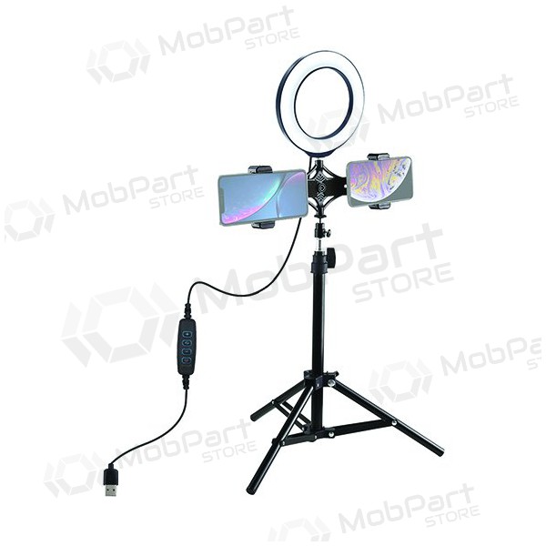 LED žiedinė lampada 16cm, su trikoju stovu iki 70cm e dvigubu telefono laikikliu, USB LED žiedinė lampada 16cm, su trikoju stovu iki 70cm e dvigubu telefono laikikliu, USB