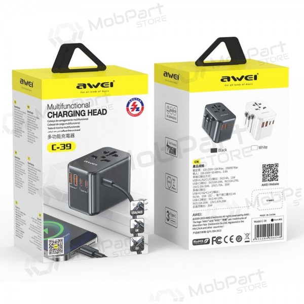 universale kelioninis caricatore Awei C-39 GaN 35W 2xUSB-A/3xUSB-C nero