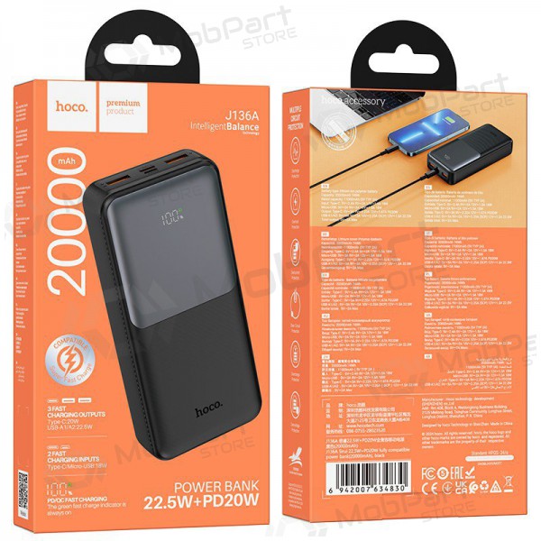 Batteria esterna Power Bank Hoco J136A 22.5W+PD20W 20000mAh nero Batteria esterna Power Bank Hoco J136A 22.5W+PD20W 20000mAh nero