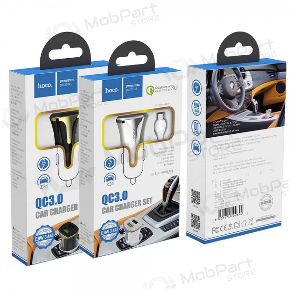 Caricatore automobilinis Hoco Z31 Quick Charge 3.0 (3.4A) x 2 USB + microUSB (bianca)