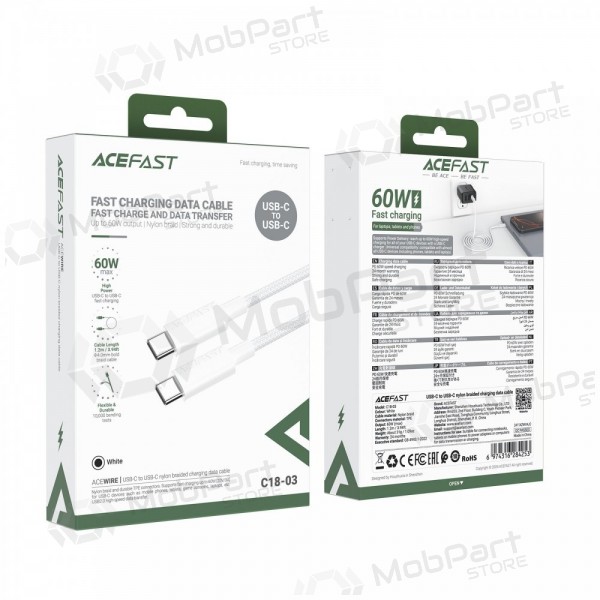 USB cavo Acefast C18-03 60W USB-C to USB-C 1.2m bianca