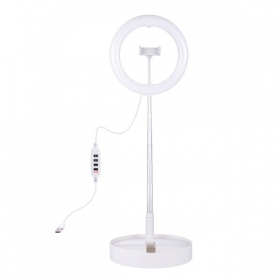 LED žiedinė lampada 26cm, su stovu iki 138cm, su telefono laikikliu, USB