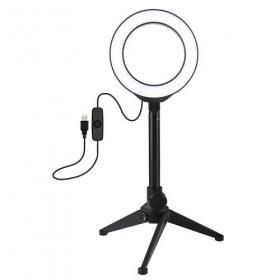 LED žiedinė lampada 12cm, su trikoju staliniu stovu iki 21.8cm, USB,