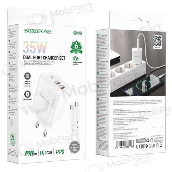 Caricatore buitinis Borofone BN9 2xType-C 35W + Type-C bianca