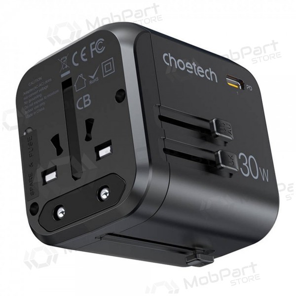 universale kelioninis caricatore Choetech PD5008 30W USB-C/3xUSB-A nero