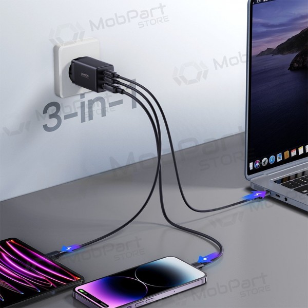Caricatore buitinis Joyroom GaN JR-TCG01 2xUSB-C/USB-A 65W + USB-C cable 1.2m nero