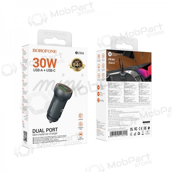 Caricatore per auto Borofone BZ32A USB-C/USB-A 30W grigio
