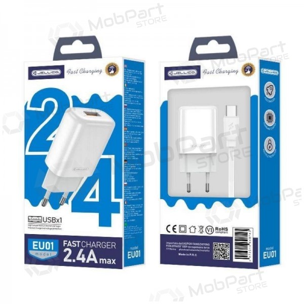 Caricatore buitinis Jellico EU01 2.4A USB + Type-C bianca