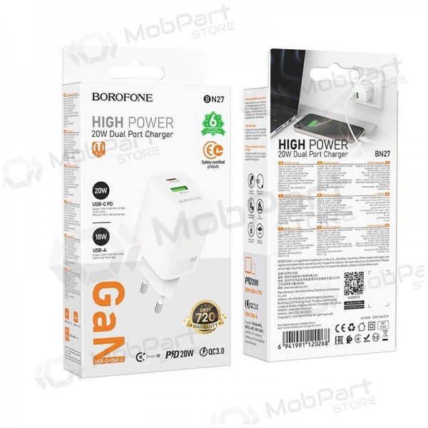 Caricatore Borofone BN27 20W USB-C/USB-A bianca